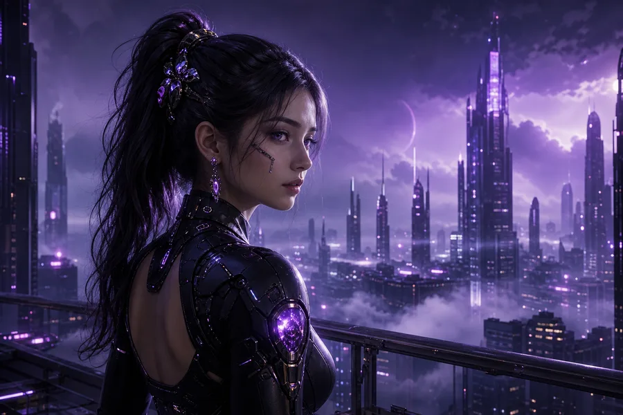 Purple Futuristic Megacity Skyline Ai-Girls Wallpaper  6 4K
