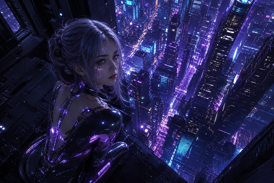 Purple Futuristic Megacity Skyline Ai-Girls Wallpaper  6 4K