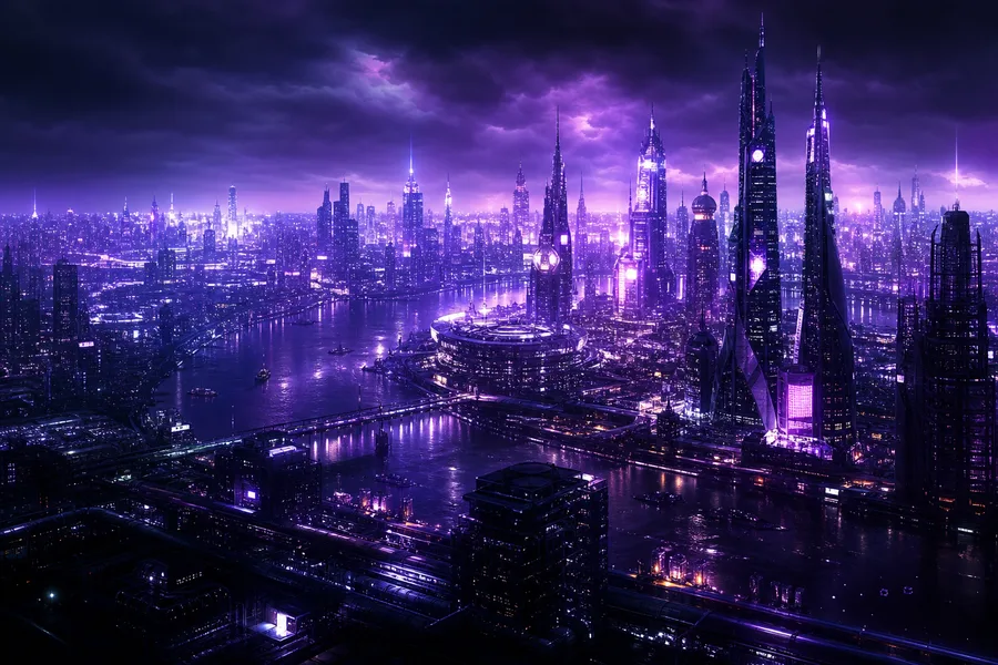 Purple Futuristic Megacity Skyline Cyberpunk Wallpaper  6 4K