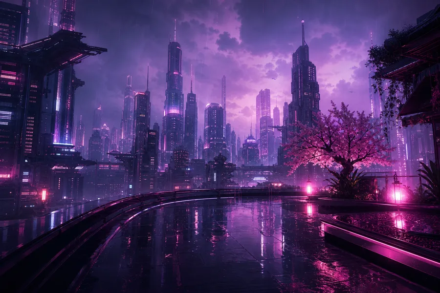 Purple Futuristic Megacity Skyline Cyberpunk Wallpaper  6 4K