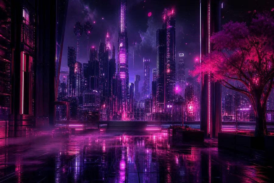 Purple Futuristic Megacity Skyline Cyberpunk Wallpaper  6 4K