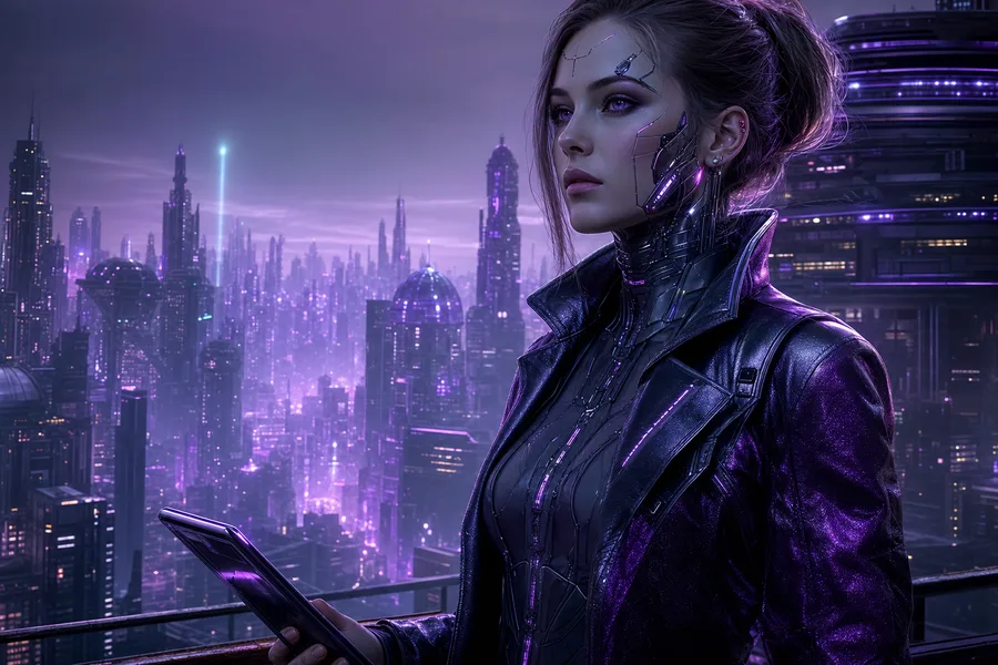 Purple Futuristic Megacity Skyline Female-Androids Wallpaper  6 4K