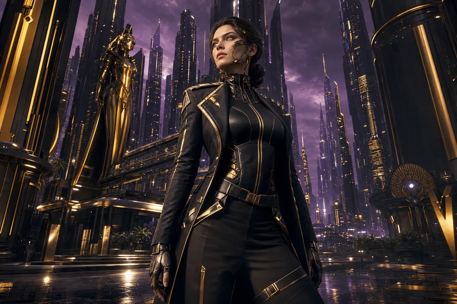 Purple Futuristic Megacity Skyline Female-Androids Wallpaper  6 4K