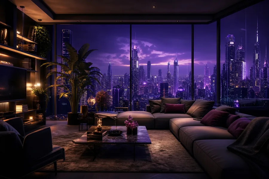Purple Futuristic Megacity Skyline Living-Room-Design Wallpaper  22 4K