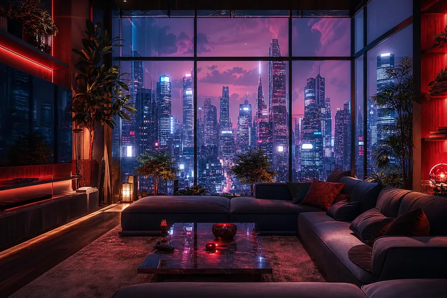 Purple Futuristic Megacity Skyline Living-Room-Design Wallpaper  6 4K