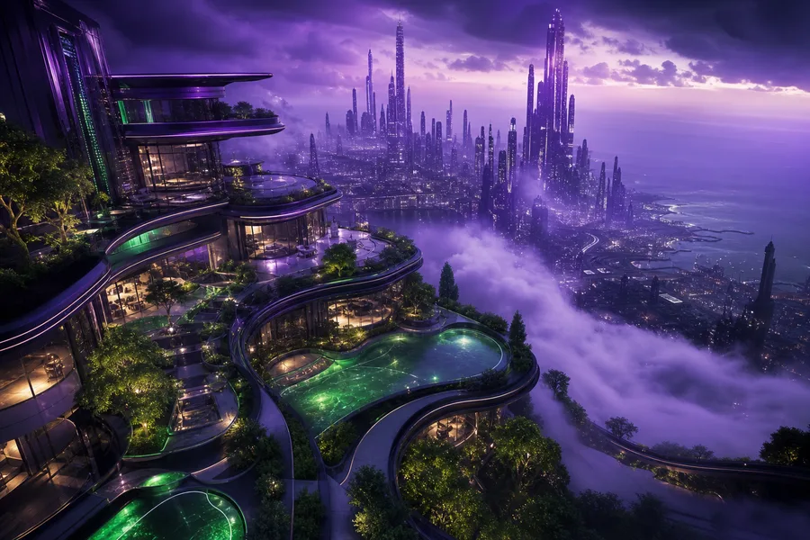 Purple Futuristic Megacity Skyline Luxury-Villas Wallpaper  6 4K
