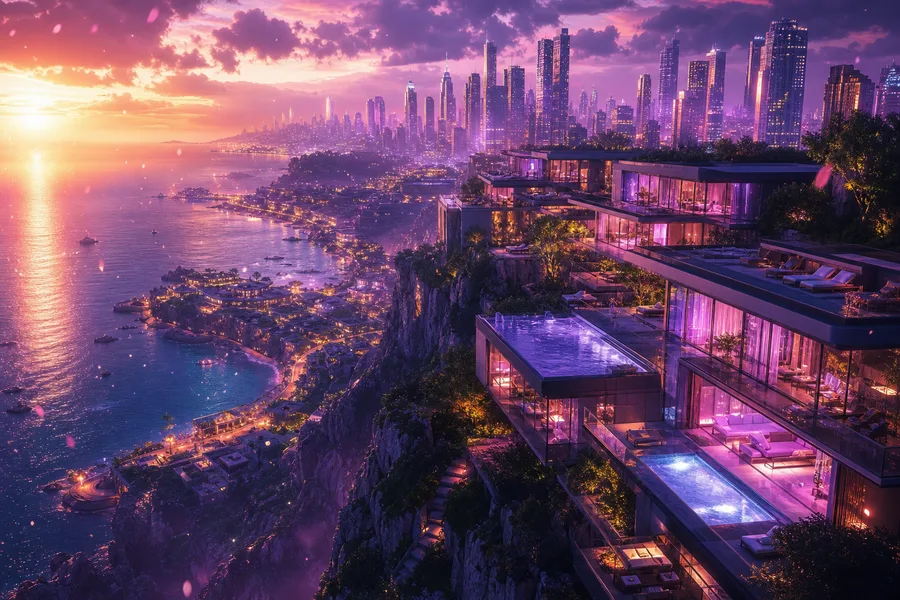 Purple Futuristic Megacity Skyline Luxury-Villas Wallpaper  6 4K