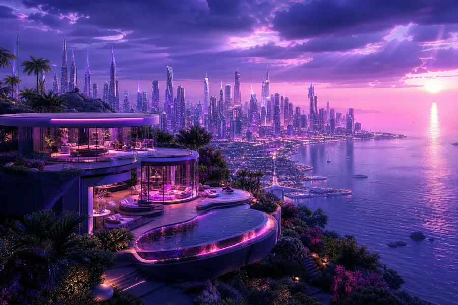 Purple Futuristic Megacity Skyline Luxury-Villas Wallpaper  6 4K