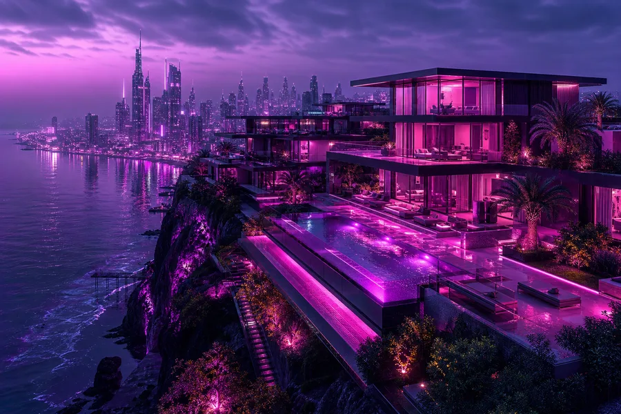 Purple Futuristic Megacity Skyline Luxury-Villas Wallpaper  6 4K