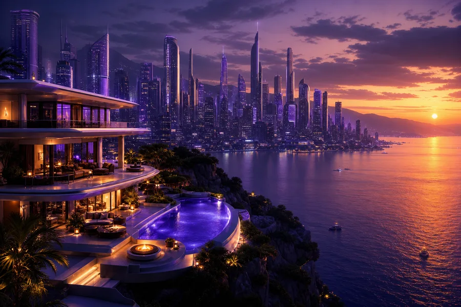 Purple Futuristic Megacity Skyline Luxury-Villas Wallpaper  6 4K