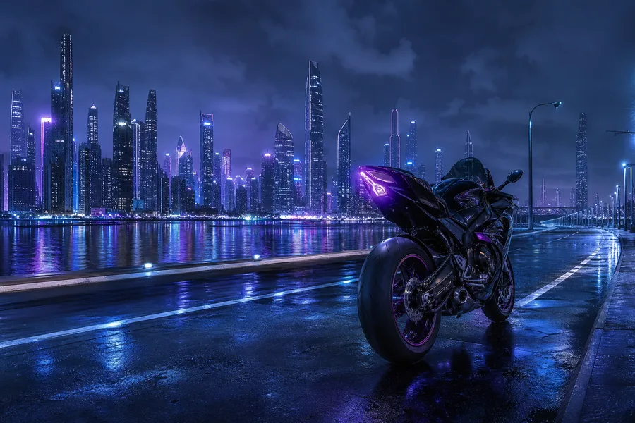 Purple Futuristic Megacity Skyline Motorcycles Wallpaper  6 4K