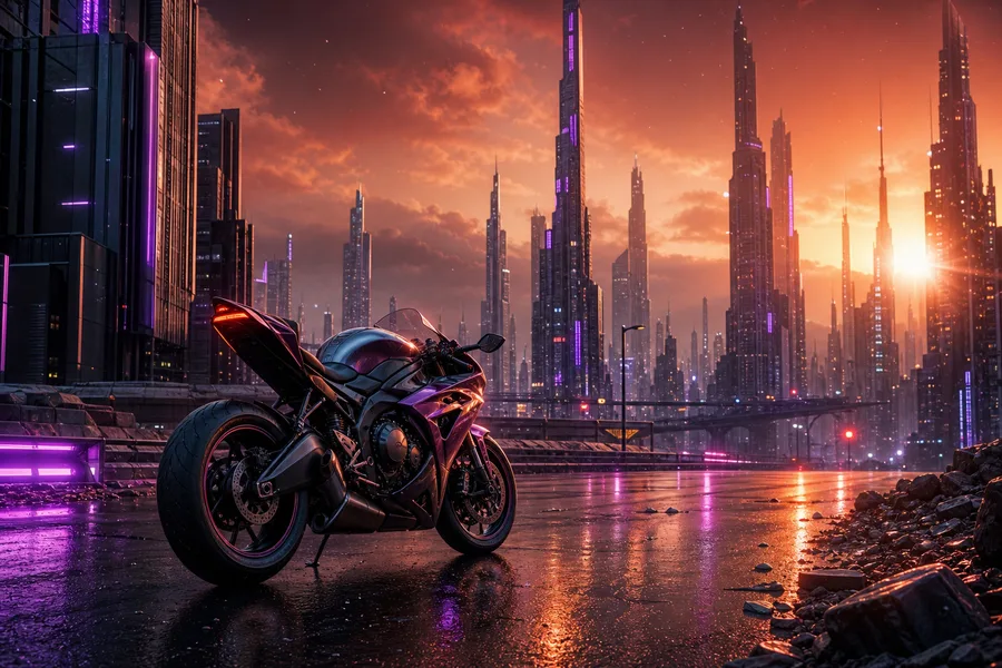 Purple Futuristic Megacity Skyline Motorcycles Wallpaper  6 4K