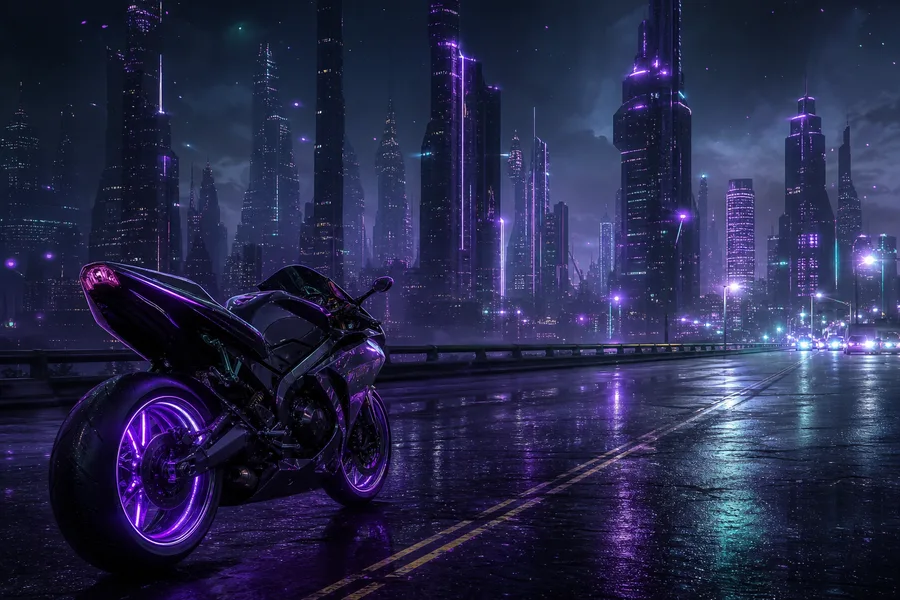 Purple Futuristic Megacity Skyline Motorcycles Wallpaper  6 4K
