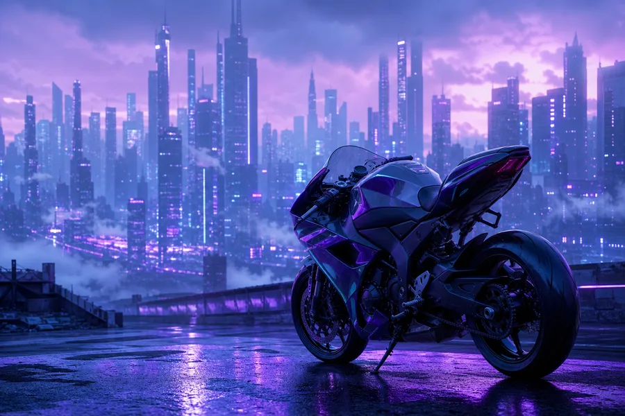 Purple Futuristic Megacity Skyline Motorcycles Wallpaper  6 4K