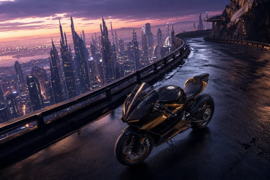 Purple Futuristic Megacity Skyline Motorcycles Wallpaper  6 4K