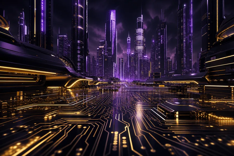 Purple Futuristic Megacity Skyline Pcb-Design Wallpaper  6 4K