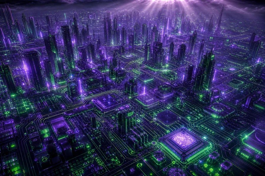 Purple Futuristic Megacity Skyline Pcb-Design Wallpaper  6 4K