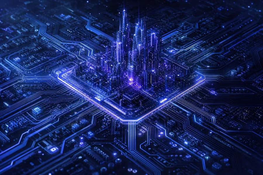 Purple Futuristic Megacity Skyline Pcb-Design Wallpaper  6 4K