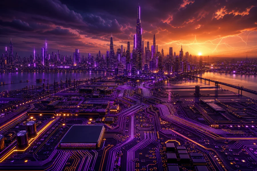 Purple Futuristic Megacity Skyline Pcb-Design Wallpaper  6 4K