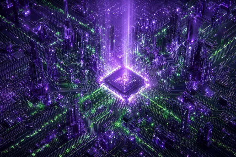 Purple Futuristic Megacity Skyline Pcb-Design Wallpaper  6 4K