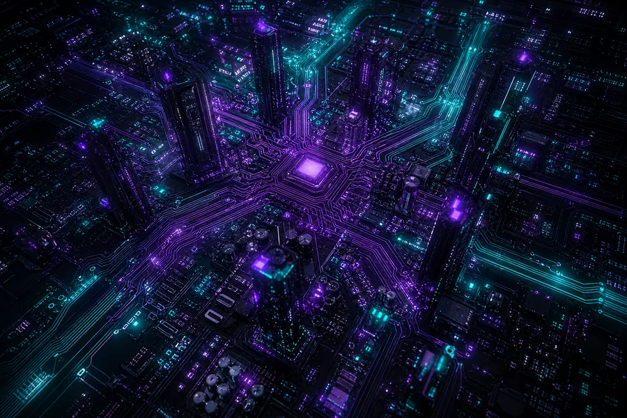 Purple Futuristic Megacity Skyline Pcb-Design Wallpaper  6 4K
