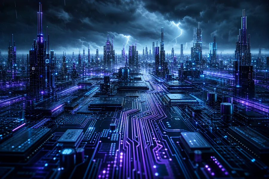 Purple Futuristic Megacity Skyline Pcb-Design Wallpaper  6 4K