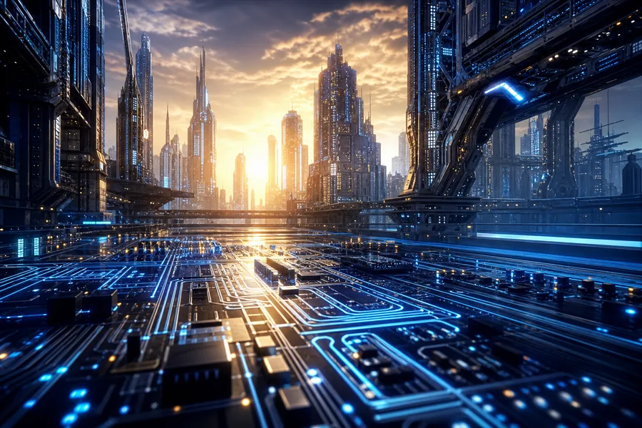 Purple Futuristic Megacity Skyline Pcb-Design Wallpaper  6 4K