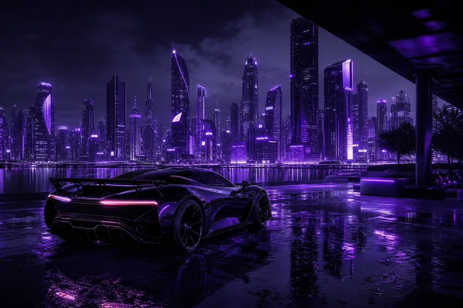 Purple Futuristic Megacity Skyline Supercars Wallpaper  6 4K