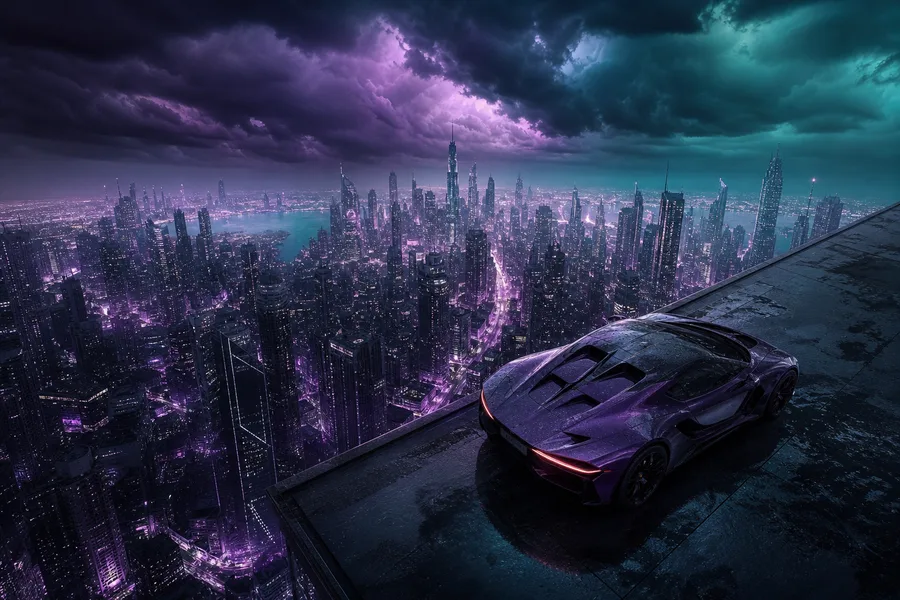 Purple Futuristic Megacity Skyline Supercars Wallpaper  6 4K