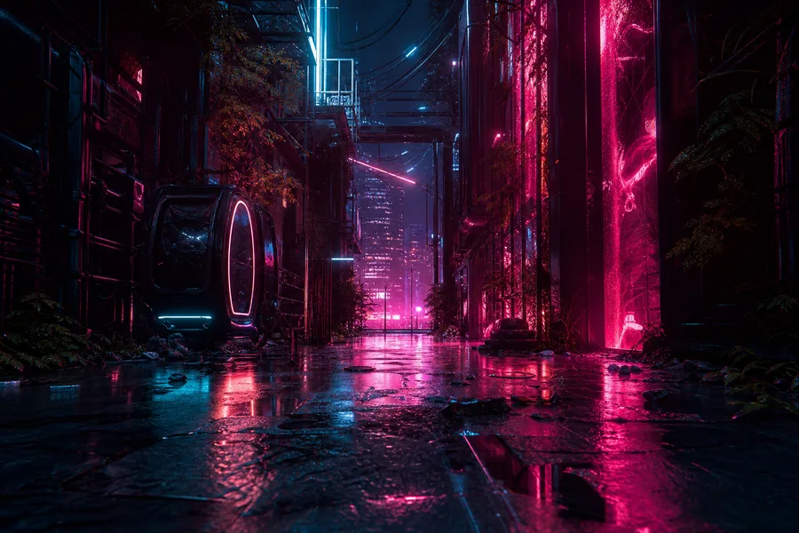 Rainy Neon Alley With Reflections Cyberpunk Wallpaper  4 4K