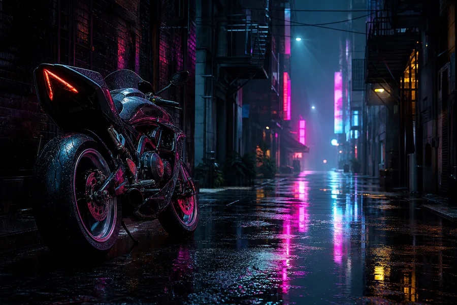 Rainy Neon Alley With Reflections Motorcycles Wallpaper  4 4K