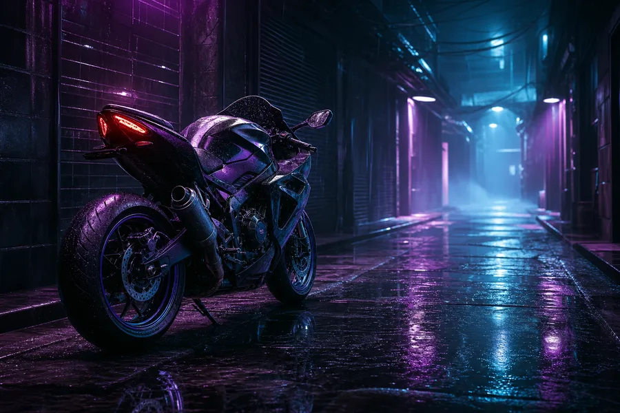 Rainy Neon Alley With Reflections Motorcycles Wallpaper  4 4K