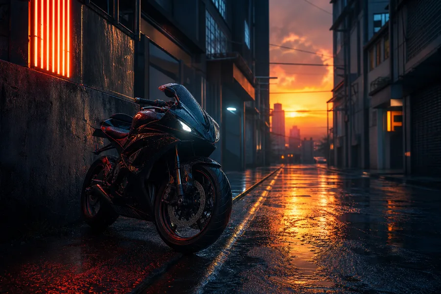 Rainy Neon Alley With Reflections Motorcycles Wallpaper  4 4K