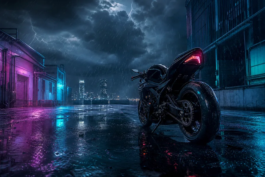 Rainy Neon Alley With Reflections Motorcycles Wallpaper  4 4K