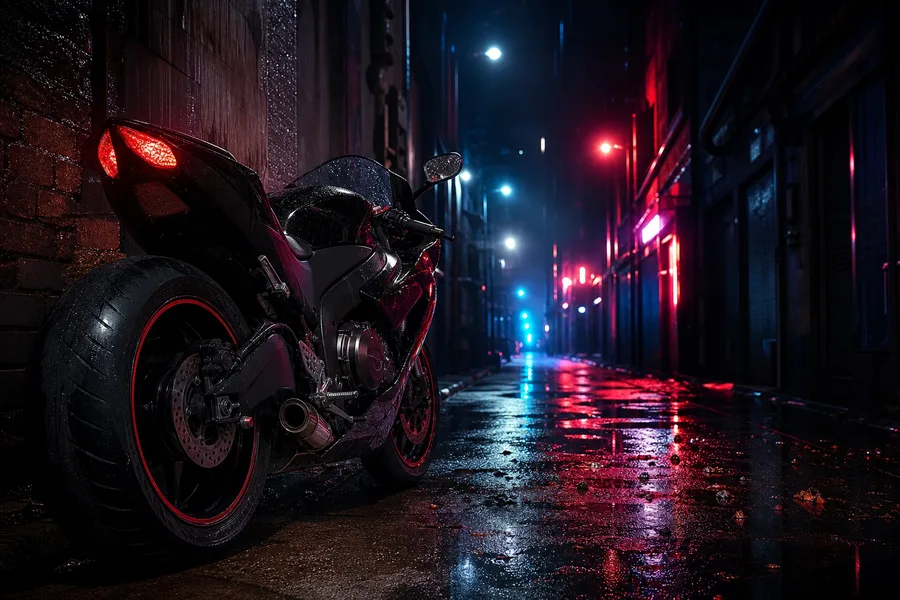 Rainy Neon Alley With Reflections Motorcycles Wallpaper  4 4K