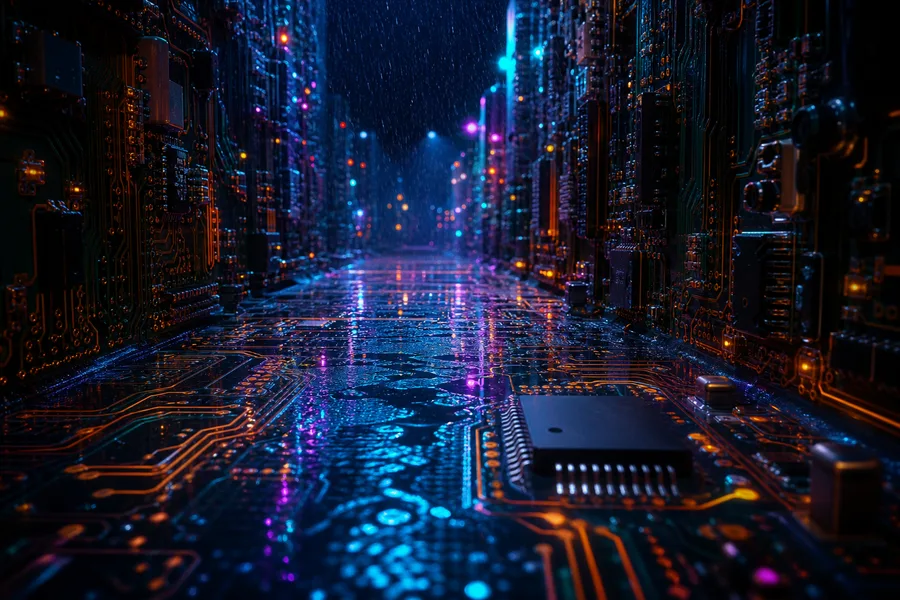 Rainy Neon Alley With Reflections Pcb-Design Wallpaper  4 4K
