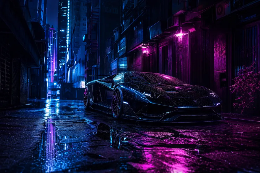 Rainy Neon Alley With Reflections Supercars Wallpaper  4 4K