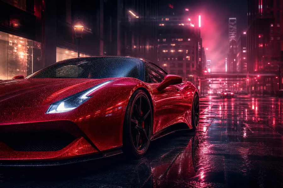 Red Ferrari In Rainy City Cars Wallpaper  2 4K