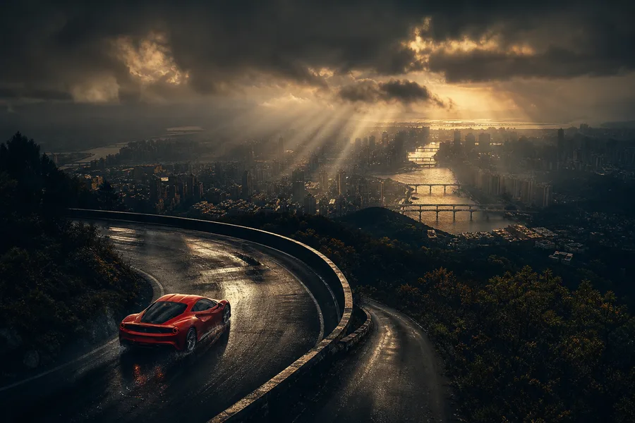 Red Ferrari In Rainy City Cars Wallpaper  2 4K