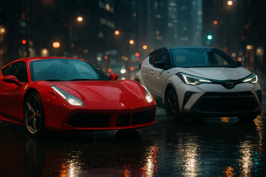 Red Ferrari In Rainy City Cars Wallpaper  2 4K
