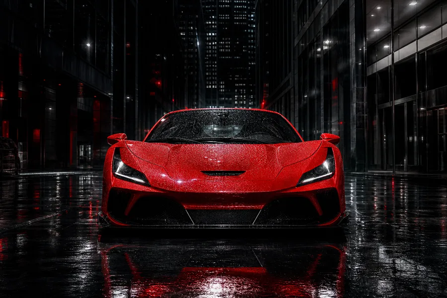 Red Ferrari In Rainy City Cars Wallpaper  2 4K