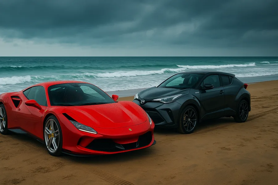 Red Ferrari In Rainy City Cars Wallpaper  2 4K