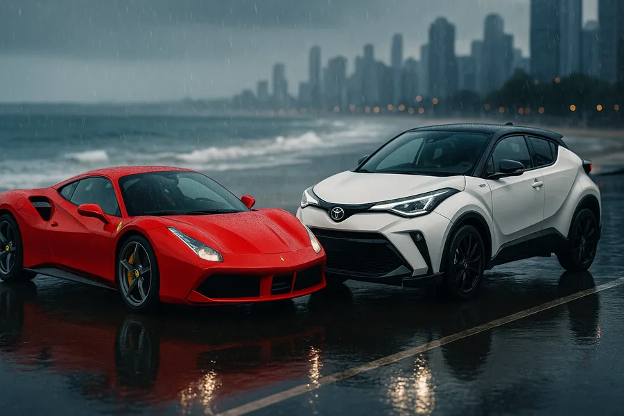 Red Ferrari In Rainy City Cars Wallpaper  2 4K
