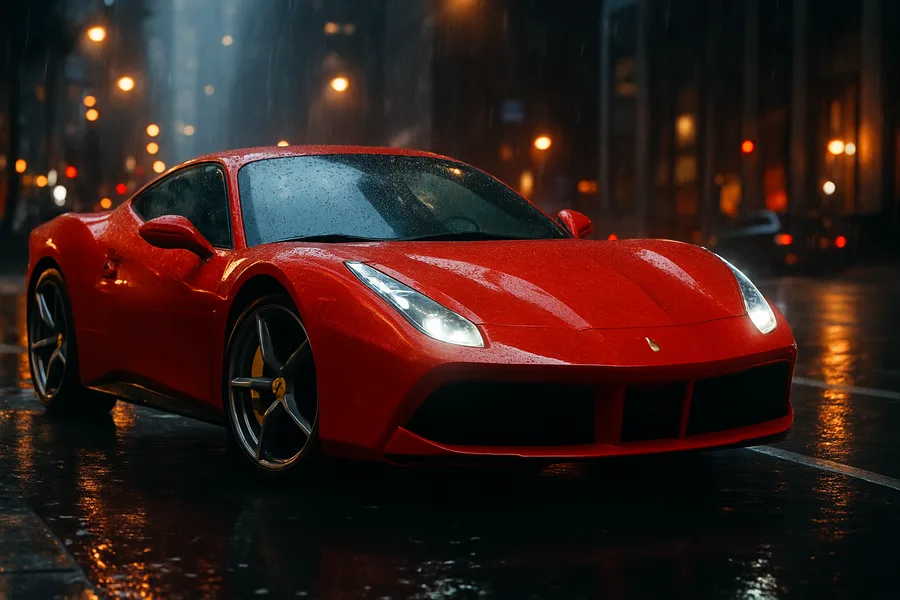 Red Ferrari In Rainy City Cars Wallpaper  2 4K