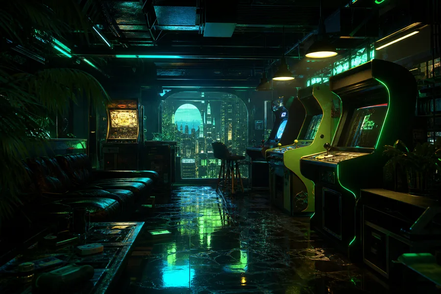Retro Arcade Room With Neon Machines Gaming Wallpaper  17 4K
