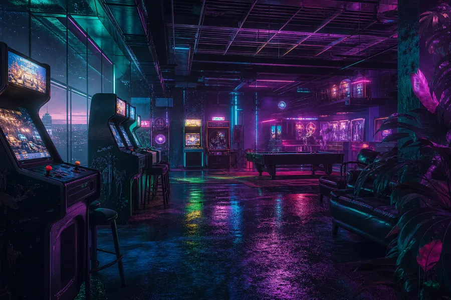 Retro Arcade Room With Neon Machines Gaming Wallpaper  17 4K