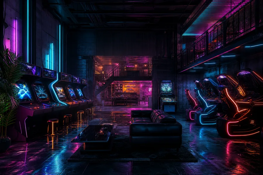 Retro Arcade Room With Neon Machines Gaming Wallpaper  7 4K