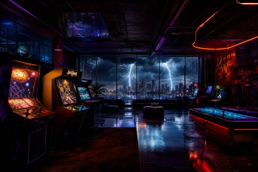 Retro Arcade Room With Neon Machines Gaming Wallpaper  7 4K