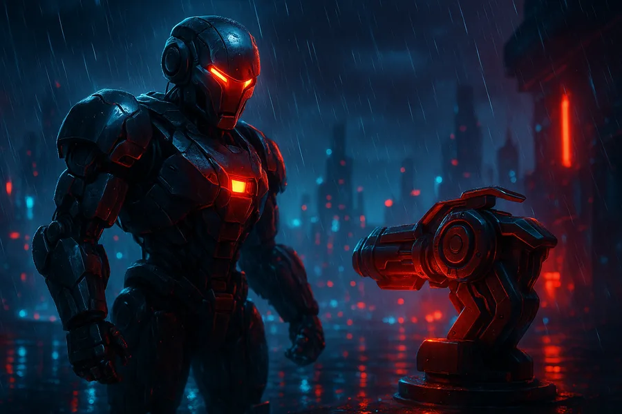 Robot Warrior Standing In Neon Rain Robots Wallpaper  10 4K