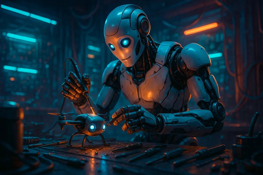 Robot Warrior Standing In Neon Rain Robots Wallpaper  10 4K